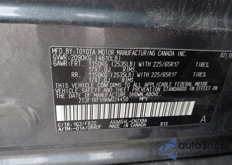 2019 Toyota Rav4 Le из США, поврежденный, VIN 2T3F1RFVXKW024450